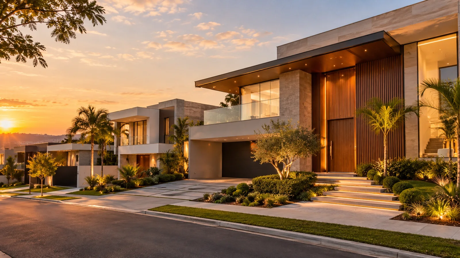 Fachadas de casas de luxo modernas em condomínio residencial ao pôr do sol