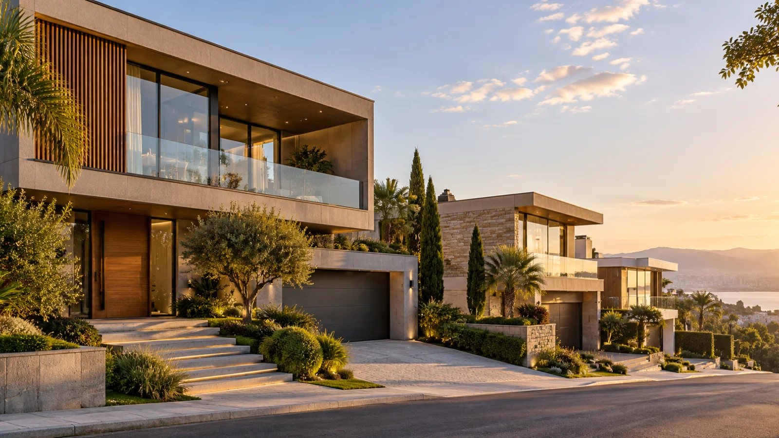 Fachadas de casas de luxo modernas em rua residencial, com arquitetura sofisticada, vidro, madeira e paisagismo ao pôr do sol