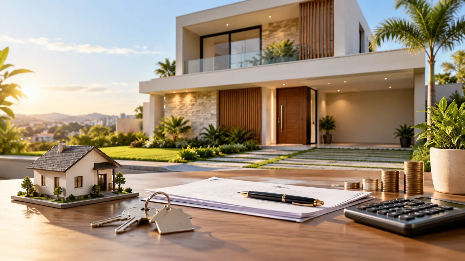 Consórcio de casa com imóvel moderno, chaves, contrato, calculadora e moedas sobre a mesa