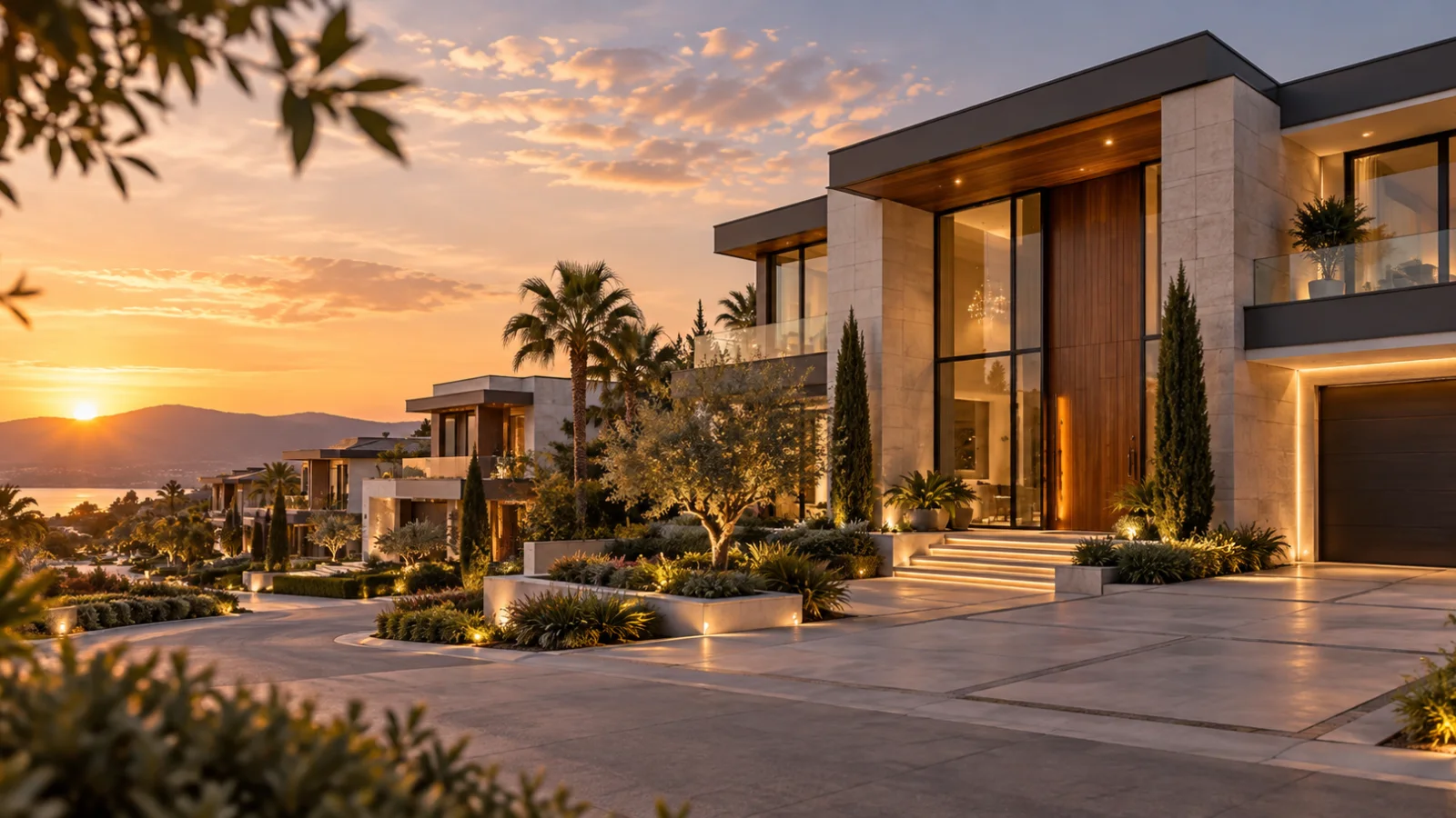 Fachadas de casas de luxo modernas em condomínio sofisticado, com arquitetura imponente, paisagismo e iluminação ao entardecer